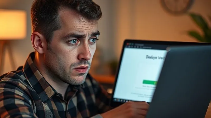 A photorealistic image of a frustrated photographer looking at a laptop screen displaying a web page with a painfully slow loading bar, indicating a delayed portfolio. The photographer's face shows exasperation. cinematic lighting, sharp focus, depth of field, 8K hyper-detailed, professional photography, shot on a high-end DSLR.
