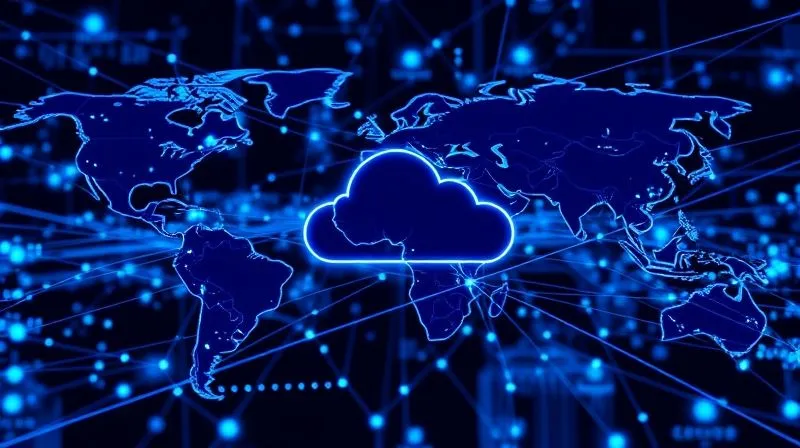 A photorealistic diagram of a cloud computing network, with interconnected servers and data centers. Vibrant blue lines illustrate fast data flow between nodes and users worldwide. Emphasize the speed and global reach of cloud hosting. professional photography, 8K, cinematic lighting, sharp focus, depth of field, shot on a high-end DSLR.