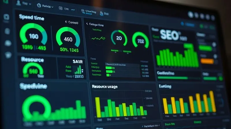 A photorealistic screen capture of a website performance monitoring dashboard, with prominent green scores for speed and optimization. Various graphs show loading times, resource usage, and SEO metrics, all indicating excellent performance. The interface is clean and professional. cinematic lighting, sharp focus, depth of field, 8K hyper-detailed, professional photography, shot on a high-end DSLR.