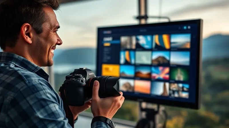 A photorealistic image of a smiling photographer looking at a fast, fluid digital portfolio displayed on a large, high-resolution monitor. The screen showcases vibrant, sharp images loading instantly. In the background, a beautiful, cinematic landscape is subtly blurred, reflecting the quality of their work. professional photography, 8K, cinematic lighting, sharp focus, depth of field, shot on a high-end DSLR.