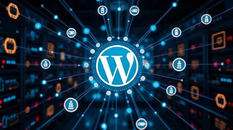 A photorealistic, professional photography, 8K, cinematic lighting, sharp focus, depth of field, shot on a high-end DSLR, showing a complex digital network of glowing lines connecting various server icons, with a central, powerful WordPress logo at the core, illustrating the interconnectedness of performance-critical hosting features like CDN, caching, and fast storage.