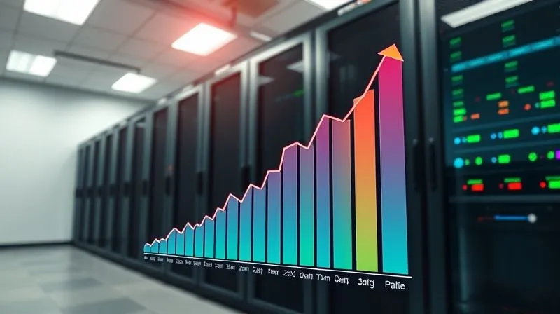 A photorealistic, professional photography, 8K, cinematic lighting, sharp focus, depth of field, shot on a high-end DSLR, showing a vibrant, digital bar chart with a steep upward trend in website traffic and a flat, stable line representing uptime, against a background of a modern, clean server room, symbolizing successful scalability and performance.