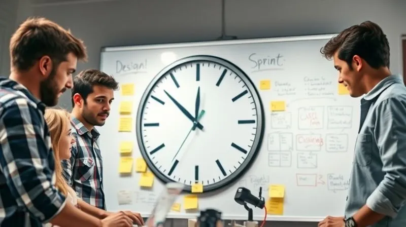A photorealistic image of a diverse team collaborating intensely around a whiteboard covered with sticky notes and flowcharts, representing a design sprint. A large clock shows time running out, emphasizing urgency. Cinematic lighting, sharp focus on the team's faces, depth of field blurring the background. 8K hyper-detailed, professional photography, shot on a high-end DSLR.