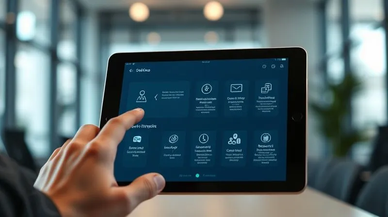 A photorealistic image of a minimalist, elegant software interface on a tablet screen, showing only the core essential features. A user's hand is interacting with it, indicating ease of use. The background is a blurred, modern office environment. Cinematic lighting, sharp focus on the tablet, depth of field. 8K hyper-detailed, professional photography, shot on a high-end DSLR.