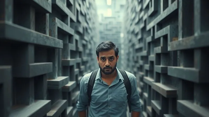 A photorealistic image of a person navigating a complex maze, looking confused and frustrated, symbolizing common pitfalls in business validation. The path ahead is unclear, with several dead ends. Cinematic lighting, sharp focus on the person, depth of field blurring the maze walls. 8K hyper-detailed, professional photography, shot on a high-end DSLR.