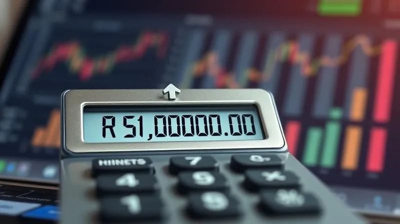 A photorealistic image of a calculator showing 'R$ 81,000.00' with a small upward arrow, superimposed over a blurred background of a digital product sales dashboard, cinematic lighting, sharp focus, 8K hyper-detailed.