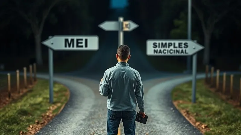 A photorealistic image of a person standing at a crossroads, looking at two diverging paths labeled 'MEI' and 'Simples Nacional', with a calculator in hand, cinematic lighting, sharp focus on the person and signs, depth of field blurring the background, 8K hyper-detailed, professional photography.