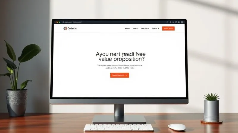 A photorealistic image of a minimalist website layout on a desktop screen, showcasing clear visual hierarchy. A prominent, large headline in the center, a concise value proposition below it, and a brightly colored call-to-action button, all surrounded by ample negative space. Subtle arrows guide the eye towards the CTA, demonstrating strategic focus. Cinematic lighting, sharp focus, depth of field, 8K hyper-detailed, professional photography, shot on a high-end DSLR.