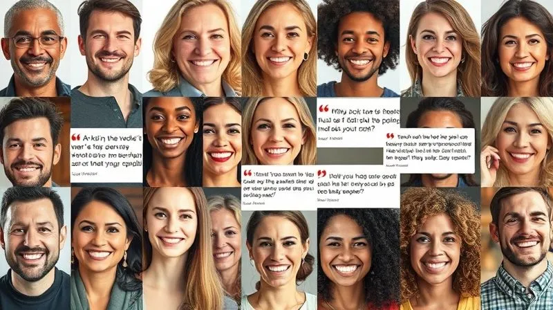 A photorealistic image showing a collage of diverse, smiling faces of real people, each with a short, positive testimonial text bubble next to them, suggesting genuine satisfaction with a service or product. The background is clean and professional, emphasizing trust and community. Cinematic lighting, sharp focus on the faces, depth of field, 8K hyper-detailed, professional photography, shot on a high-end DSLR.