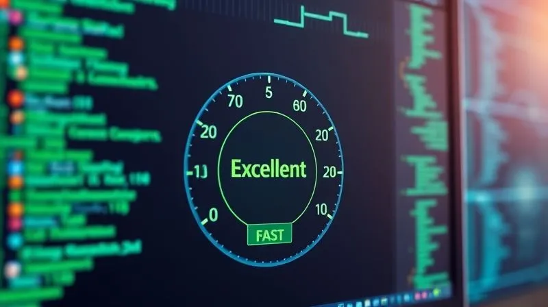 A photorealistic image of a digital speedometer on a computer screen, displaying 'Excellent' or 'Fast' in green, with a blurred background of abstract code lines and network connections, symbolizing optimized website performance. Cinematic lighting, sharp focus on the speedometer, depth of field, 8K hyper-detailed, professional photography, shot on a high-end DSLR.