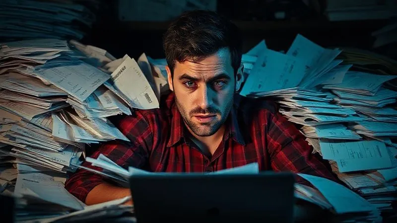 A photorealistic image of a digital freelancer, looking stressed and overwhelmed, surrounded by a chaotic pile of unofficial invoices and complex, unfiled tax documents. The scene is dimly lit, emphasizing a sense of urgency and disarray, with a subtle depth of field. 8K hyper-detailed, professional photography, shot on a high-end DSLR.