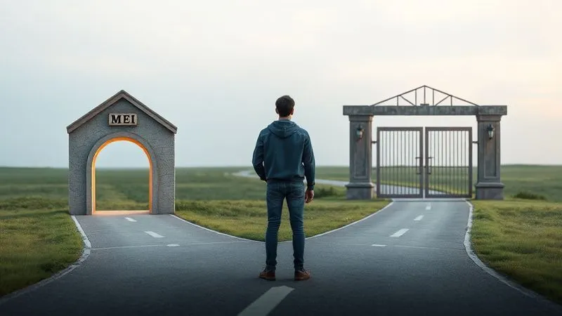A photorealistic image showing a digital freelancer standing at a crossroads. On one path, there's a small, open, brightly lit archway labeled 'MEI' with a clear, simple sign. On the other path, there's a wider, more structured and slightly complex gate labeled 'Simples Nacional/Lucro Presumido', implying growth and more options. The freelancer looks contemplative, weighing the choices. Cinematic lighting, sharp focus on the freelancer, depth of field blurring the background paths. 8K hyper-detailed, professional photography, shot on a high-end DSLR.