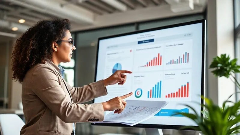 A photorealistic image of a professional accountant and a digital freelancer collaboratively reviewing financial documents and projections on a large screen in a modern, well-lit office. They are both engaged, pointing to figures, conveying a sense of partnership and strategic planning. Cinematic lighting, sharp focus, depth of field. 8K hyper-detailed, professional photography, shot on a high-end DSLR.