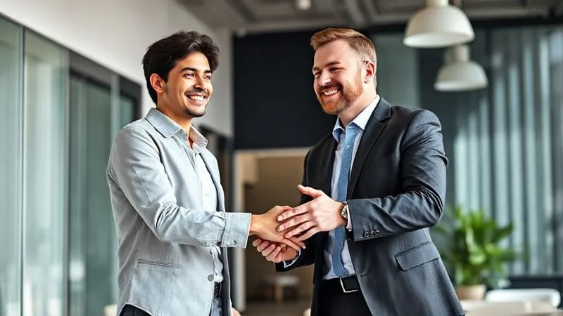 A photorealistic image of a digital freelancer, looking confident and relieved, shaking hands with a professional and approachable accountant in a modern, bright office. They are both smiling, implying a successful partnership and peace of mind. Cinematic lighting, sharp focus, depth of field. 8K hyper-detailed, professional photography, shot on a high-end DSLR.