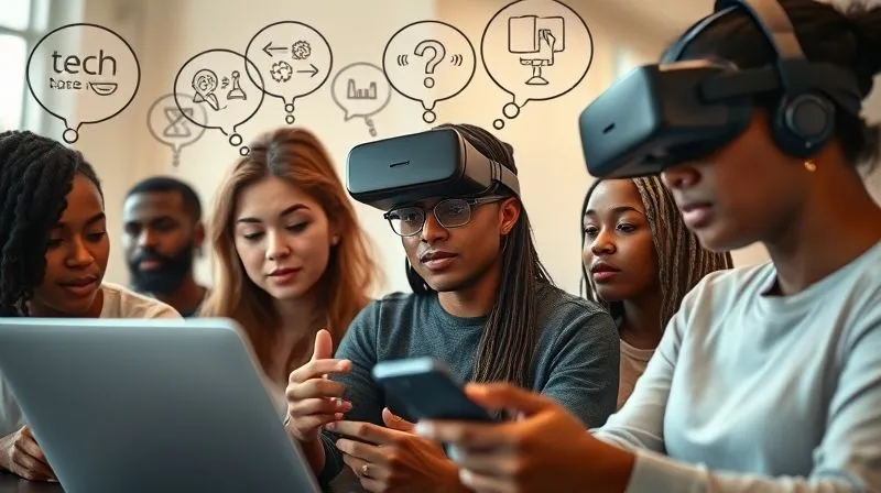 A photorealistic image of a diverse group of people, each looking thoughtfully at a different tech device (laptop, smartphone, VR headset), with thought bubbles above their heads showing real-world problems being solved by the tech. Soft, warm cinematic lighting, sharp focus on the people's faces, depth of field blurring the background. 8K hyper-detailed, shot on a high-end DSLR.