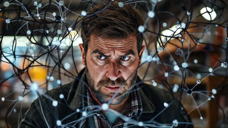A photorealistic image of a frustrated small business owner looking at a complex, tangled web of digital wires and disconnected customer data points, symbolizing the challenge of retaining local customers without integrated technology. Cinematic lighting, sharp focus, 8K hyper-detailed.