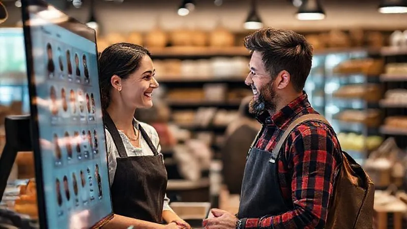 A photorealistic image of a seamless digital interface displaying customer profiles, purchase history, and personalized recommendations, used by a local shop assistant with a friendly smile, interacting with a happy customer. Cinematic lighting, sharp focus on the screen and interaction, 8K hyper-detailed.