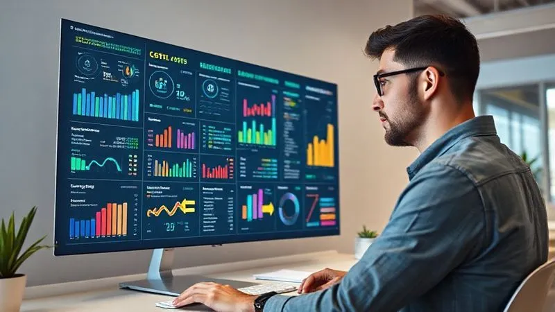 A photorealistic image of a local business owner thoughtfully analyzing a complex dashboard filled with colorful data visualizations, charts, and customer feedback snippets, projected holographically in a modern, clean office space. Cinematic lighting, sharp focus on the data and the owner's focused expression, 8K hyper-detailed.