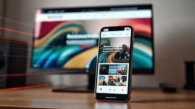 A photorealistic image of a sleek smartphone displaying a fast-loading, responsive photography website template, with a blur of speed lines around it. In the background, a desktop monitor shows the same website perfectly adapted. Cinematic lighting, sharp focus on the phone, 8K hyper-detailed.