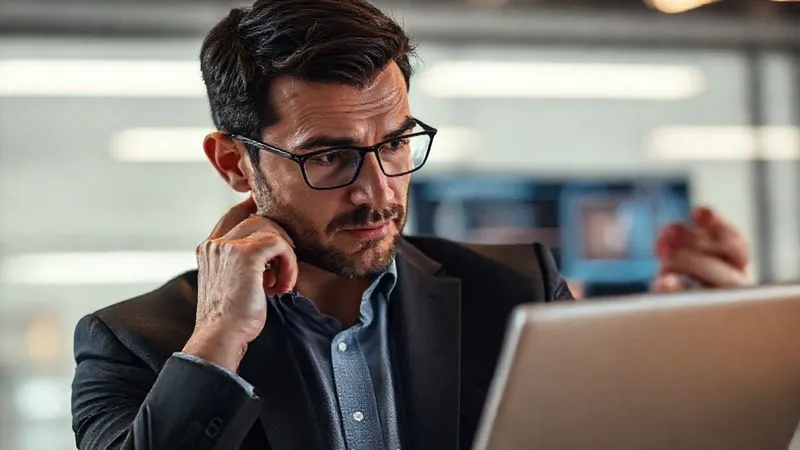 A photorealistic image of a professional businessman thoughtfully evaluating a digital screen, showing trust and decision-making, cinematic lighting, 8K hyper-detailed.