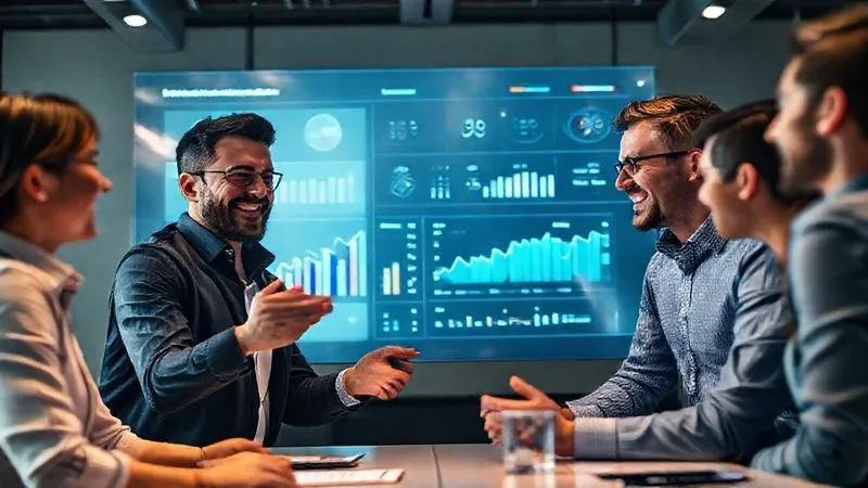 A photorealistic image of a business team celebrating a successful project, looking at a digital dashboard with positive growth metrics, cinematic lighting, 8K hyper-detailed.