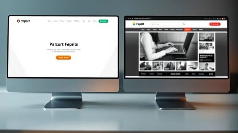 A photorealistic split image showing two screens: one displaying a minimalistic, clean landing page with a prominent call-to-action button, and the other showing a complex, multi-page website with a navigation menu and various content sections. Cinematic lighting, sharp focus on the differences, depth of field, 8K hyper-detailed, shot on a high-end DSLR.