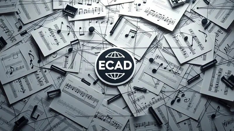 A photorealistic image of a complex web of interconnected legal documents and musical notes, with a spotlight on a stylized "ECAD" logo in the center, representing the intricate global music licensing landscape. Cinematic lighting, sharp focus, 8K, professional photography.