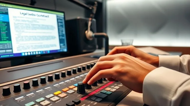 A photorealistic image of a radio studio control panel, with hands adjusting dials, and a legal contract visible on a monitor in the background. The studio is modern and sleek, with soft, ambient lighting creating a focused atmosphere. 8K, professional photography, sharp focus on the hands and documents.