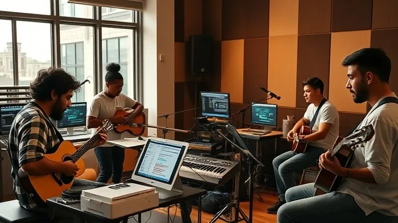 A photorealistic image of a diverse group of musicians collaborating in a modern studio, with open-source software interfaces visible on screens. The atmosphere is creative and free, with warm, inviting lighting. 8K, professional photography, sharp focus on the musicians and their instruments.