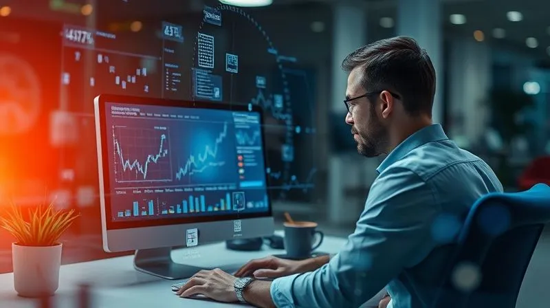 A photorealistic image of a person at a computer, surrounded by a subtle holographic overlay of data points, charts, and market trend lines, representing in-depth market analysis and niche identification. The setting is modern and professional, with cinematic lighting, sharp focus on the person and screen, depth of field, 8K hyper-detailed, shot on a high-end DSLR.