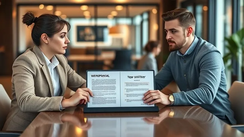A photorealistic image of two professionals, one a web writer and the other a client, engaged in a confident and respectful negotiation. They are seated at a modern table, with a clear, well-structured proposal document open on a tablet between them. The body language is open and assertive, conveying mutual respect and a focus on value. Cinematic lighting, sharp focus on the individuals and the document, depth of field blurring the office background, 8K hyper-detailed, shot on a high-end DSLR.