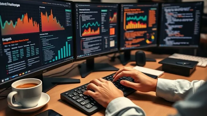 A photorealistic image of a professional desk setup with multiple monitors displaying complex SEO analytics, code snippets, and content outlines. Hands are typing on an ergonomic keyboard, surrounded by tech gadgets and a cup of coffee. The atmosphere is focused and innovative, representing continuous learning and the use of advanced tools. Cinematic lighting, sharp focus on the screen and hands, depth of field, 8K hyper-detailed, shot on a high-end DSLR.