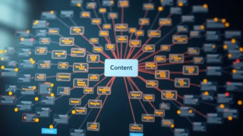 A photorealistic, professional photography of a well-organized mind map or a complex flowchart with glowing connections, representing a structured content strategy. Cinematic lighting, sharp focus on the central nodes, depth of field blurring the background, 8K hyper-detailed, symbolizing clarity and logical flow in content creation.