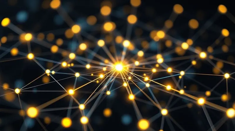 A photorealistic, professional photography of a glowing, interconnected network of digital nodes and lines, representing a complex knowledge graph or semantic web. In the center, a prominent, brightly lit node symbolizes a well-optimized piece of content. Cinematic lighting, sharp focus on the central node and its connections, depth of field blurring the background, 8K hyper-detailed, symbolizing SEO optimization for entities and knowledge graphs.