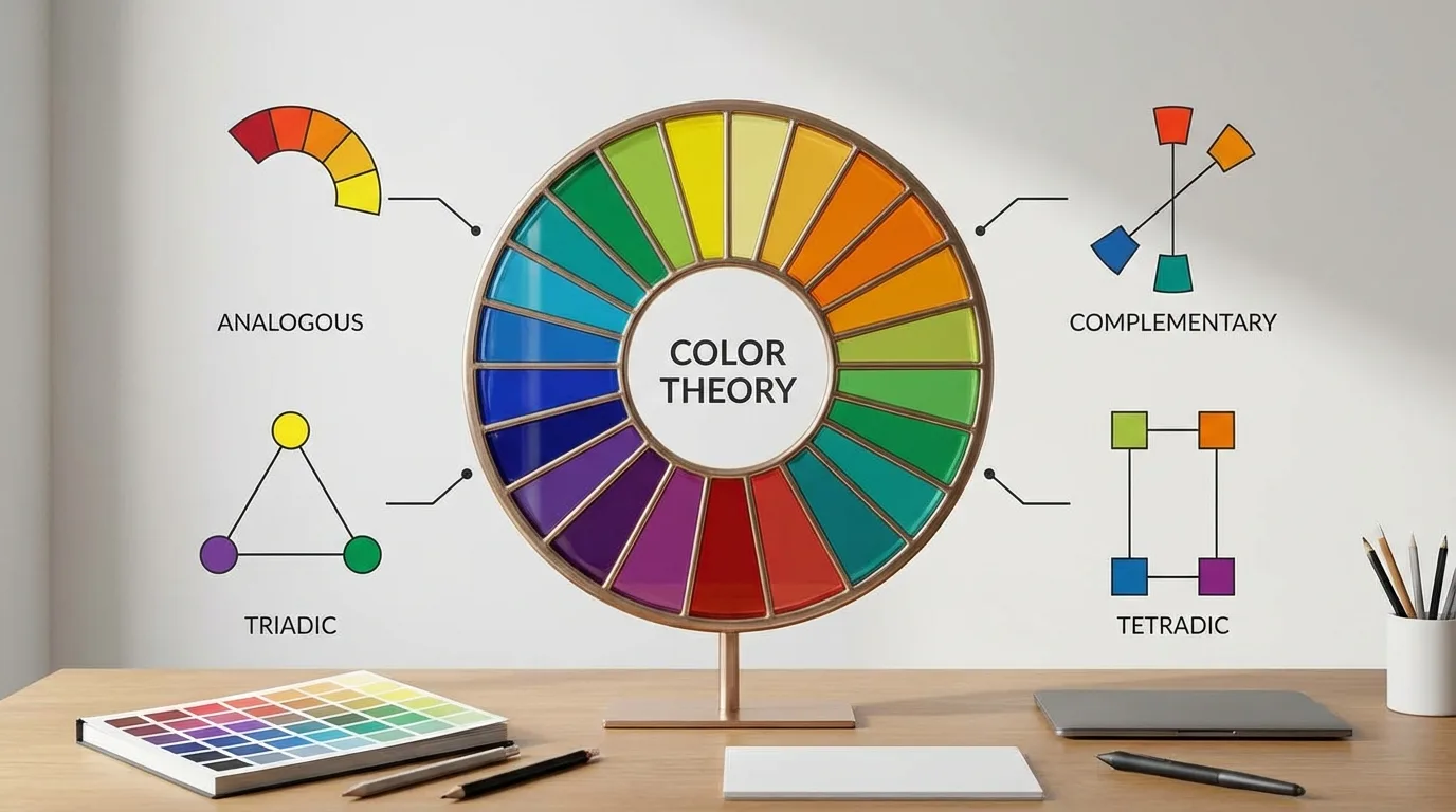 Roda de cores demonstrando harmonias: modelos análogos, complementares, triádicos e tetrádicos.