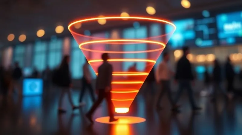 A photorealistic, professional photography, 8K, cinematic lighting, sharp focus, depth of field, shot on a high-end DSLR of a stylized marketing funnel made of light, with blurred figures representing potential clients moving through its stages, from wide top to narrow bottom. The funnel glows with warm, inviting light.