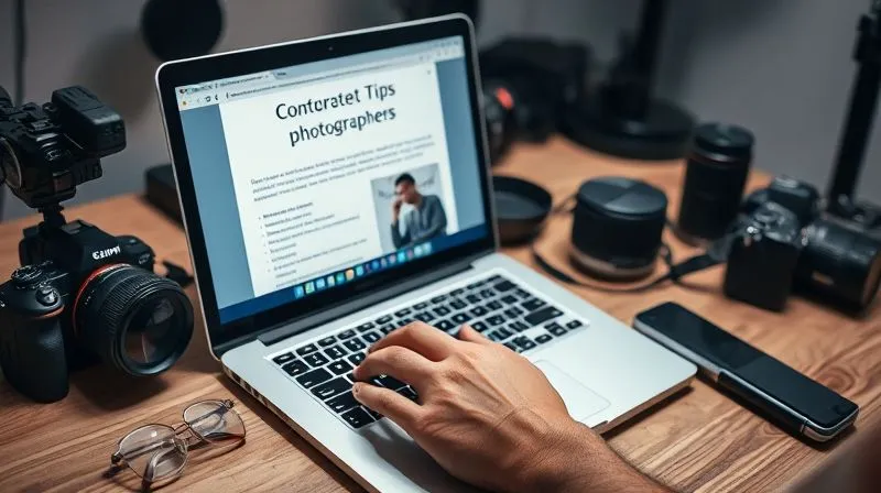 A photorealistic, professional photography, 8K, cinematic lighting, sharp focus, depth of field, shot on a high-end DSLR of a person's hand typing on a laptop, surrounded by photography equipment and a well-organized desk, with a blog post about photography tips visible on the screen, symbolizing content creation for photographers.