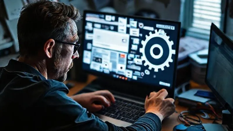 A photorealistic image of a frustrated person looking at a cluttered and slow-loading website on a laptop screen, with digital gears turning slowly and broken links visually represented. Cinematic lighting, sharp focus on the screen and the person's expression, depth of field blurring the background of a messy desk. 8K hyper-detailed, professional photography, shot on a high-end DSLR.