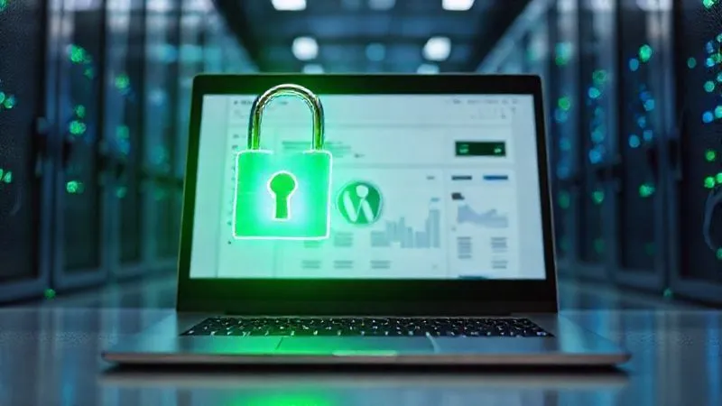 A photorealistic image of a digital padlock glowing green over a WordPress dashboard on a laptop screen, surrounded by a subtle network of data lines. The background shows a secure, modern data center with soft blue and green lighting. Cinematic lighting, sharp focus on the laptop, depth of field blurring the background. 8K hyper-detailed, professional photography, shot on a high-end DSLR.