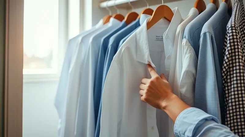 A photorealistic image of a neatly organized closet, with various high-quality used clothes hanging perfectly, bathed in soft, natural light coming from a window. A person's hand is gently smoothing out a shirt, emphasizing care and preparation. Professional photography, 8K, cinematic lighting, sharp focus, depth of field, shot on a high-end DSLR.
