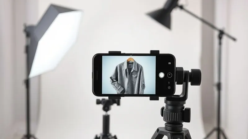 A photorealistic image of a compact, professional DIY photo studio setup for clothing, featuring a bright, softbox-like light source, a clean white backdrop, and a smartphone on a tripod capturing an image of a well-styled used garment. Emphasize clarity, simplicity, and effectiveness. Professional photography, 8K, cinematic lighting, sharp focus, depth of field, shot on a high-end DSLR.