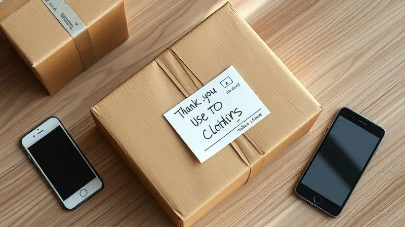 A photorealistic image of a neatly packed parcel containing used clothing, with a handwritten thank-you note visible, placed on a clean wooden table. A tracking label is clearly attached, and a smartphone is nearby displaying a shipping confirmation. The scene emphasizes care, efficiency, and a personal touch in logistics. Professional photography, 8K, cinematic lighting, sharp focus, depth of field, shot on a high-end DSLR.
